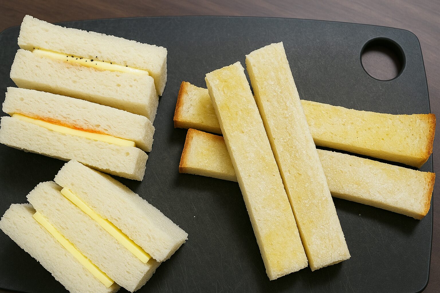 食パン1枚で作るサンドイッチとラスクの盛り付け写真