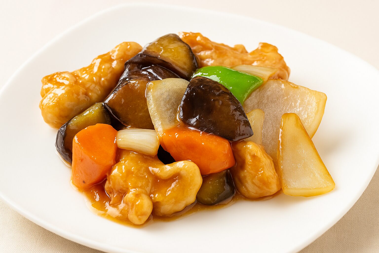 甘酢あんがとろりと絡んだ鶏むね肉と彩り野菜の一皿。